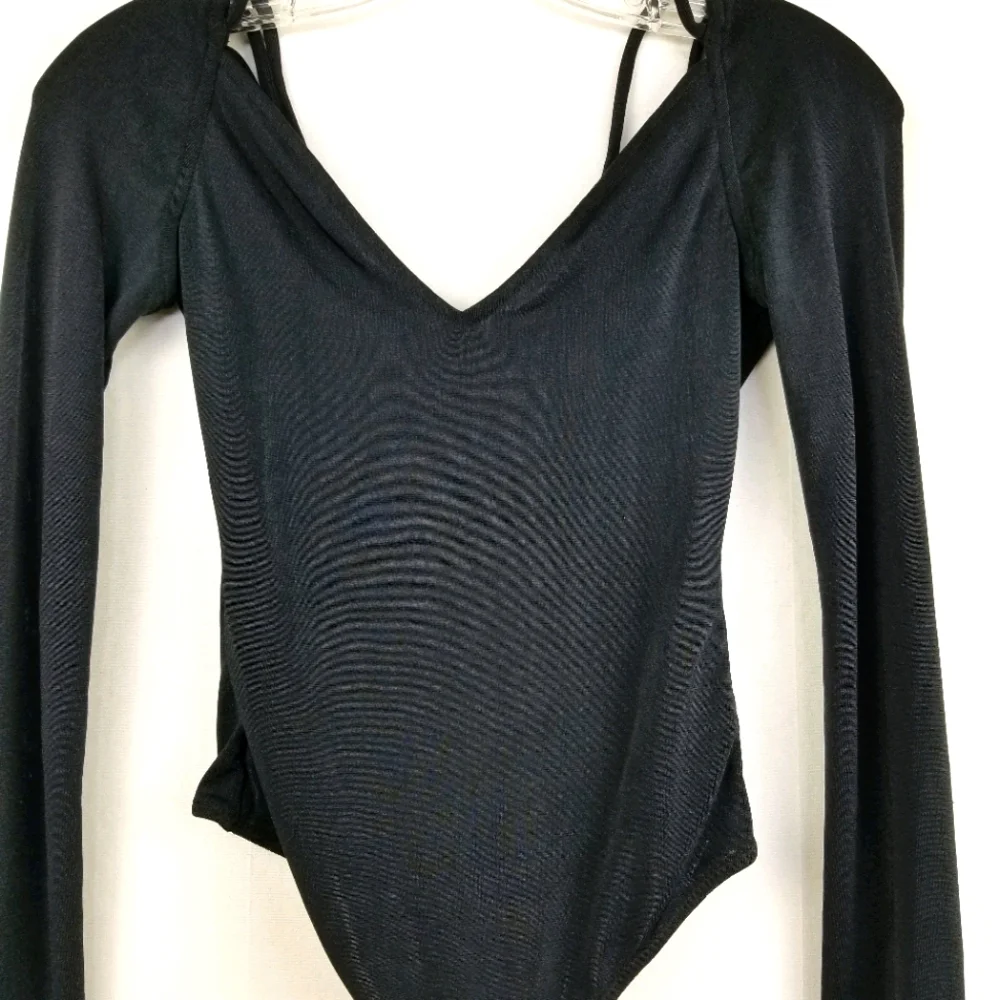 Free People Bodysuit Don't Be Cross Black V-neck Long Sleeve Size XS New